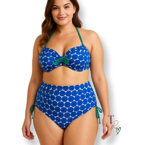 Pour Moi Hot Spots Halter High Waisted Bikini Swimsuit Blue/White UK 36E + UK 16 - Picture 1 of 12